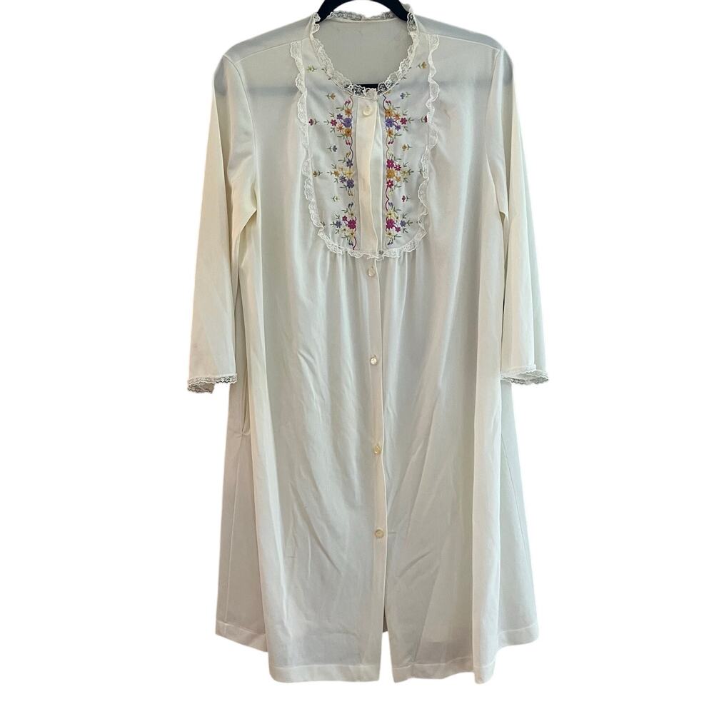 Vintage Vanity Fair Silk White Floral Nightgown Robe-Size Medium 36